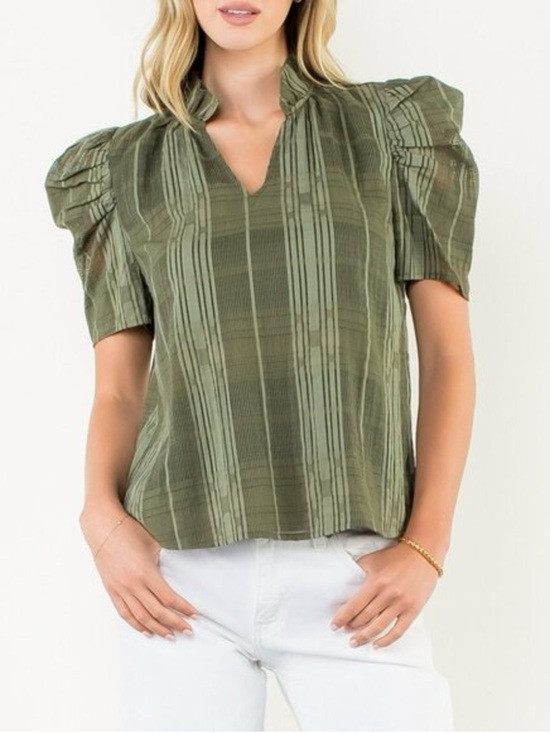 THML Tops - THML Women’s Olive Green Plaid Puff Sleeve Ruffle Neck Blouse Size Medium